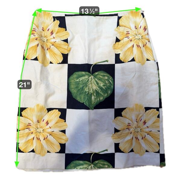 J. McLaughlin Size 6 Pencil Skirt Yellow Floral Green Leaf Black White Check - Picture 5 of 5